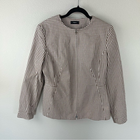 Theory Sculpture Grid Stretch Printed Zip Jacket Ivory Multi Tan Women’s 10 - Picture 5 of 15